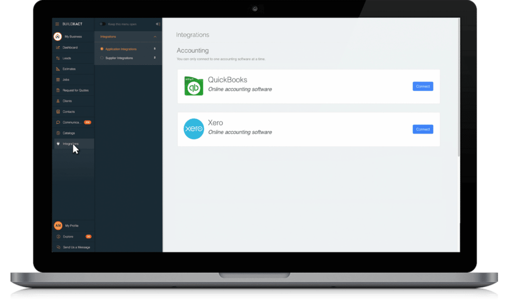 A screenshot showing accounting integration options within Buildxact