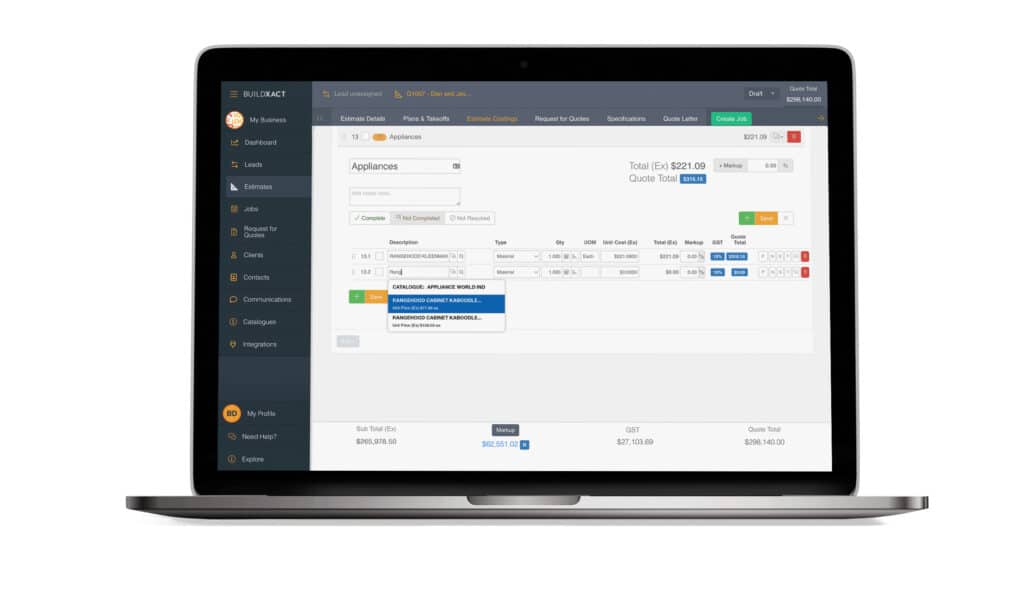 A builder estimate showing integration with supplier pricing