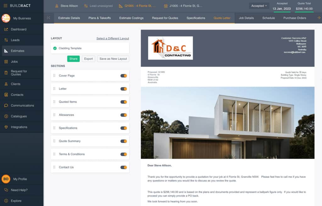 A digital quote letter generated by Buildxact