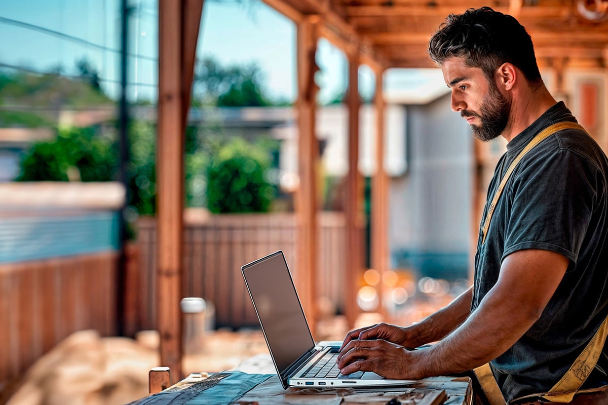 An image of a builder working on a laptop from a construction site.