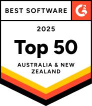 A badge displaying Buildxact as a Top 50 in G2’s 2025 software ranking