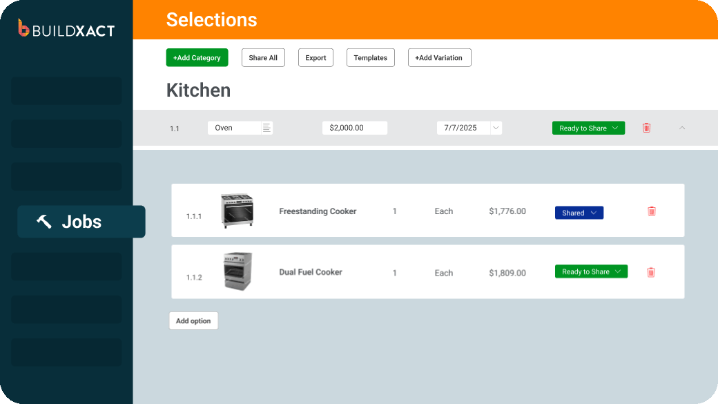 conceptual animation demonstrating the Client Selections feature in Buildxact
