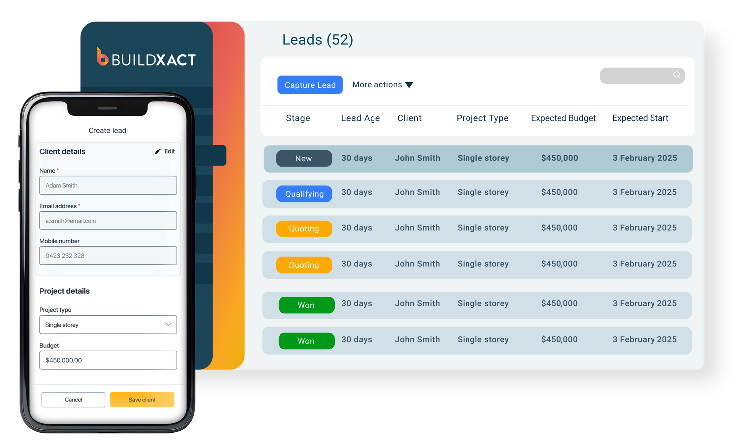 A stylised look at the lead management feature in Buildxact