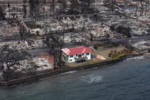 A coastal home in Maui sits alone amid a neighborhood devasted by wildfire