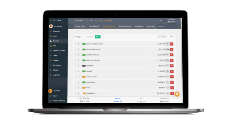 A laptop displays a project estimate using Buildxact.