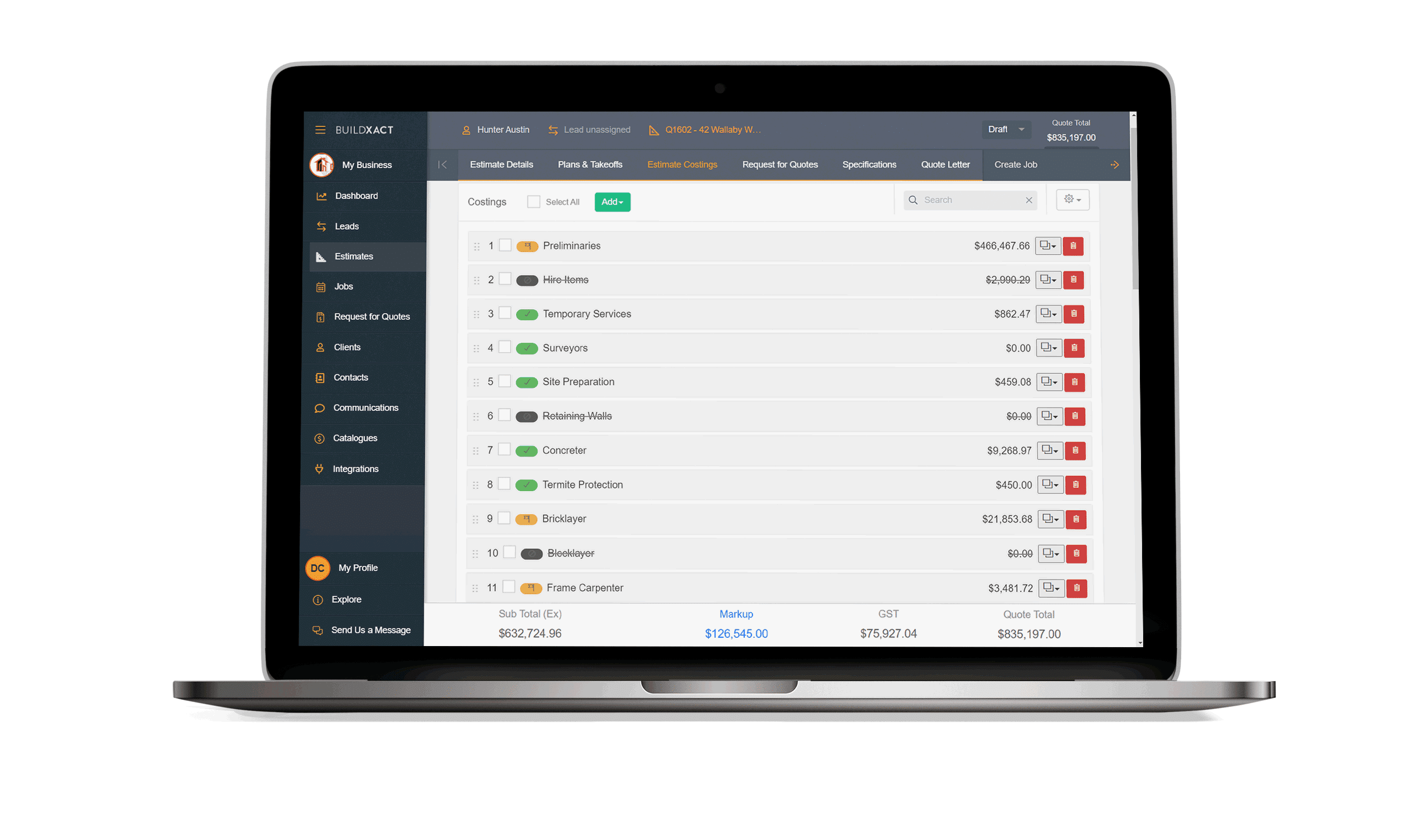 A Buildxact estimate displayed on a laptop
