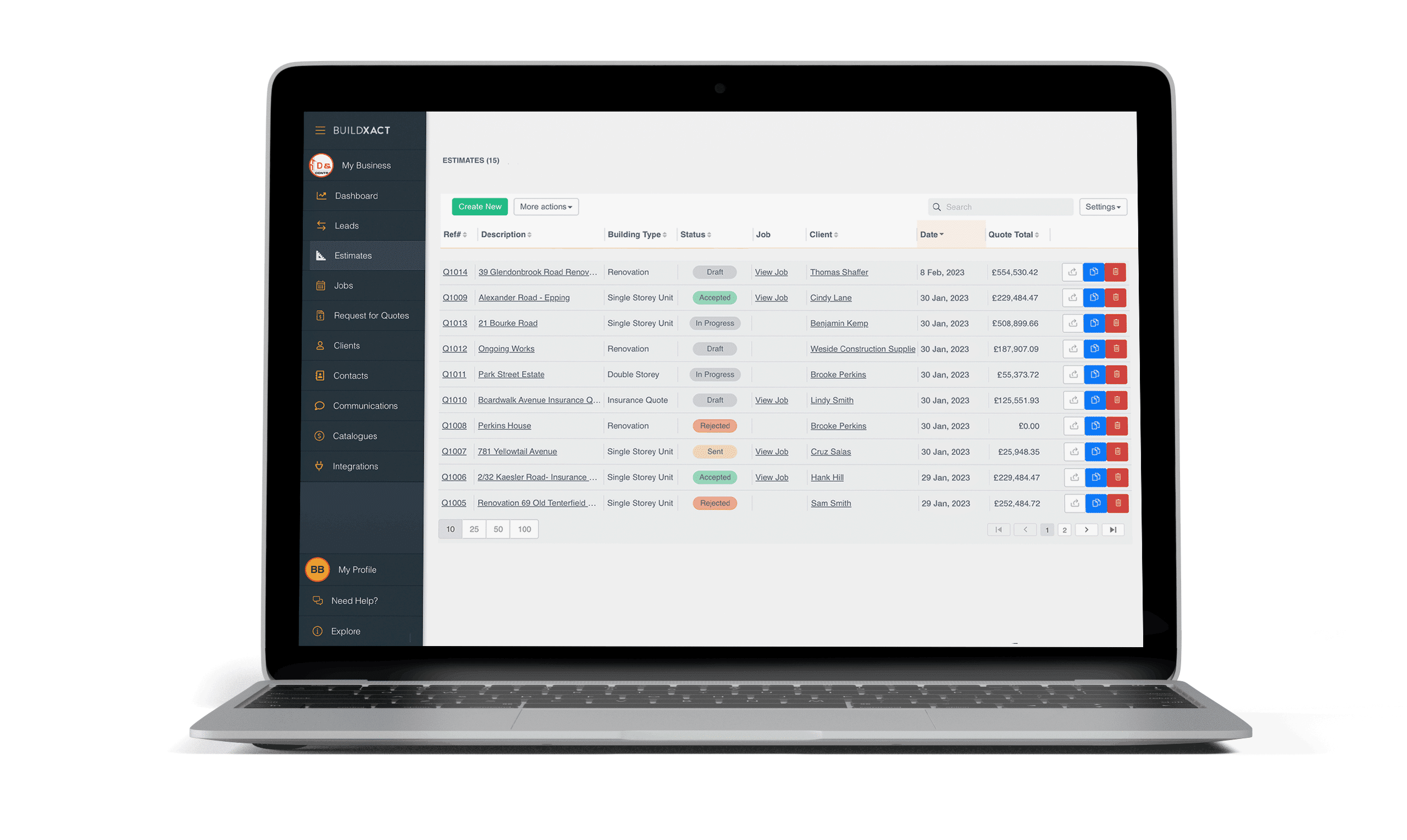 a buildxact estimate displayed on a laptop