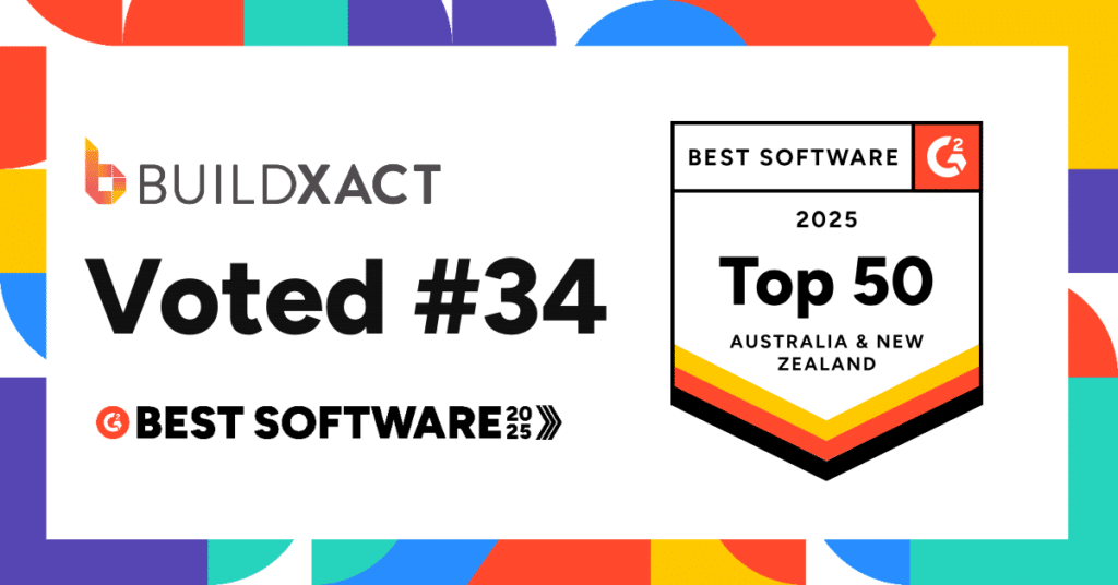 A banner displaying Buildxact’s Top 50 placement on G2’s 2025 best software ranking