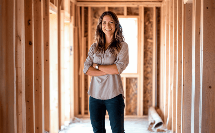 Smiling female standing on a construction site
