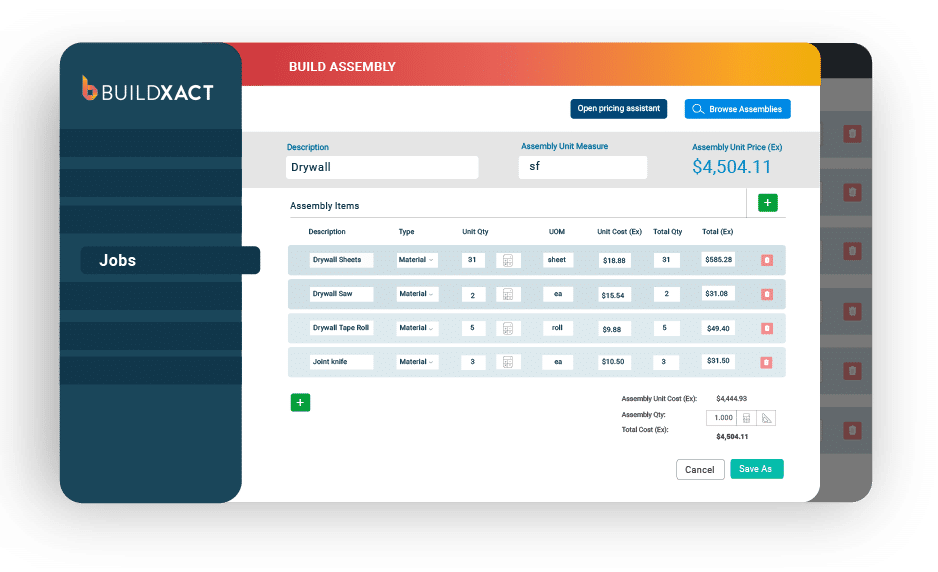 A Buildxact conceptual screen showing how estimating materials is quick and easy.