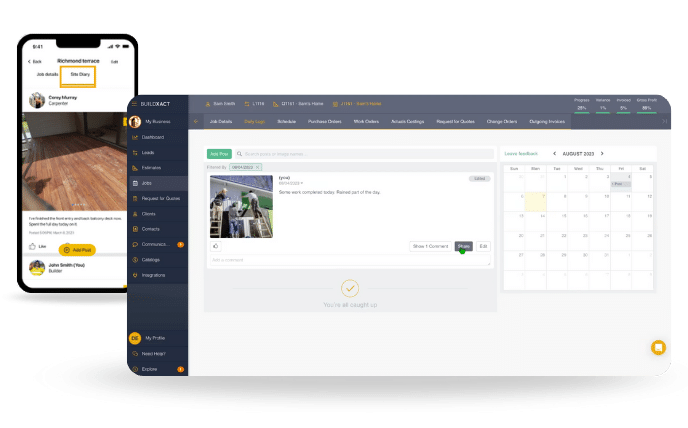 Buildxact job management dashboard and Site Diary