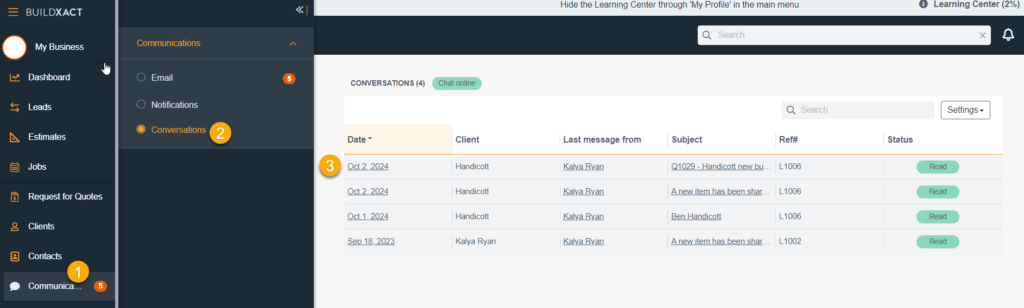 Buildxact software Client Portal Messaging from the Communication tab