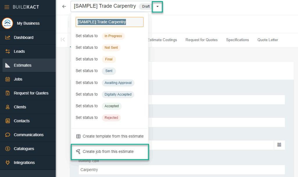 Create job from an estimate on the Buildxact software