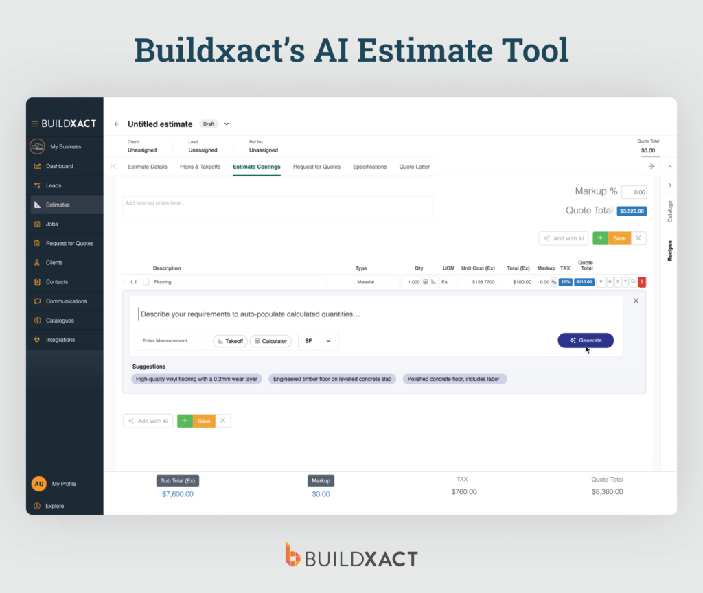 A screenshot showing Buildxact’s AI Estimate Tool