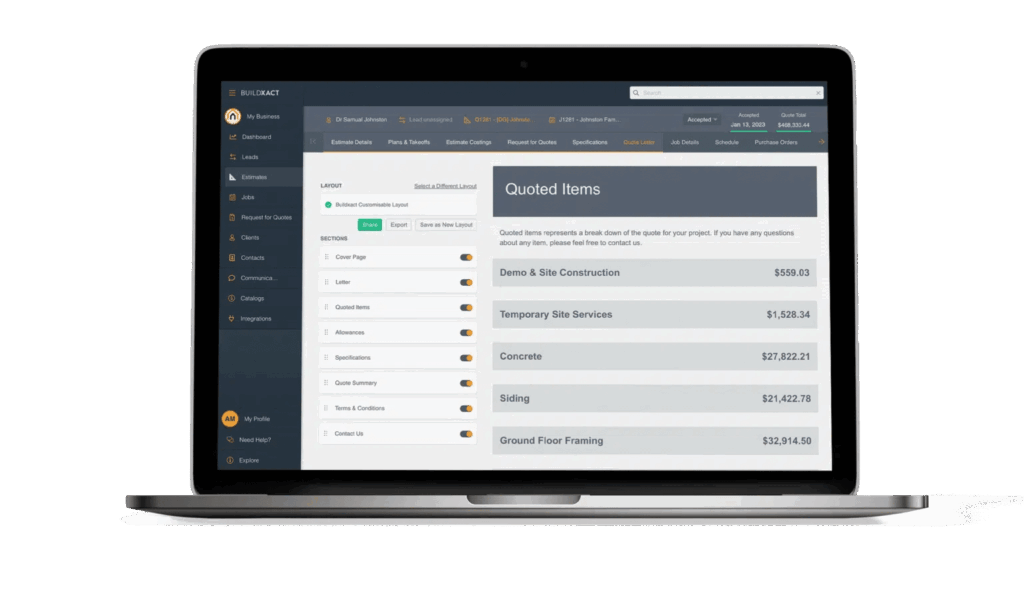 Quoted items in the Buildxact software