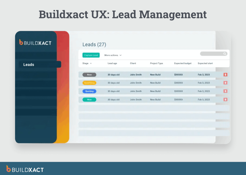 A screenshot showing Buildxact’s lead management feature