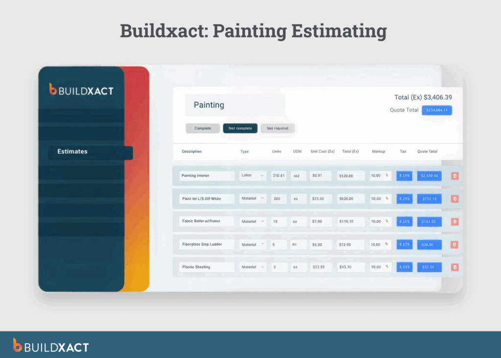 A screenshot showing Buildxact’s painting estimating tool