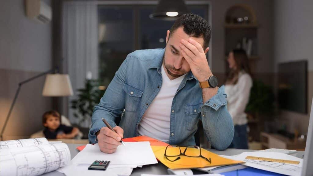 A stressed builder performing tasks manually.