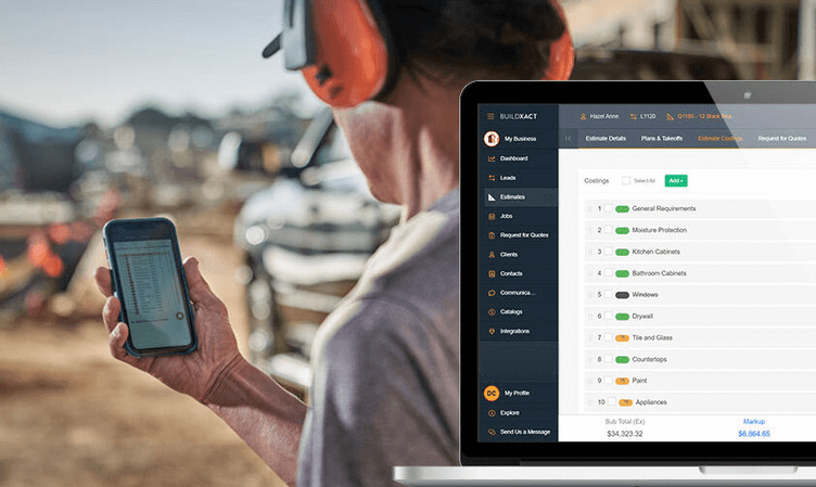 Builder reviewing construction estimates and pricing in software while on site, keeping RFQs and costs connected to the live estimate.