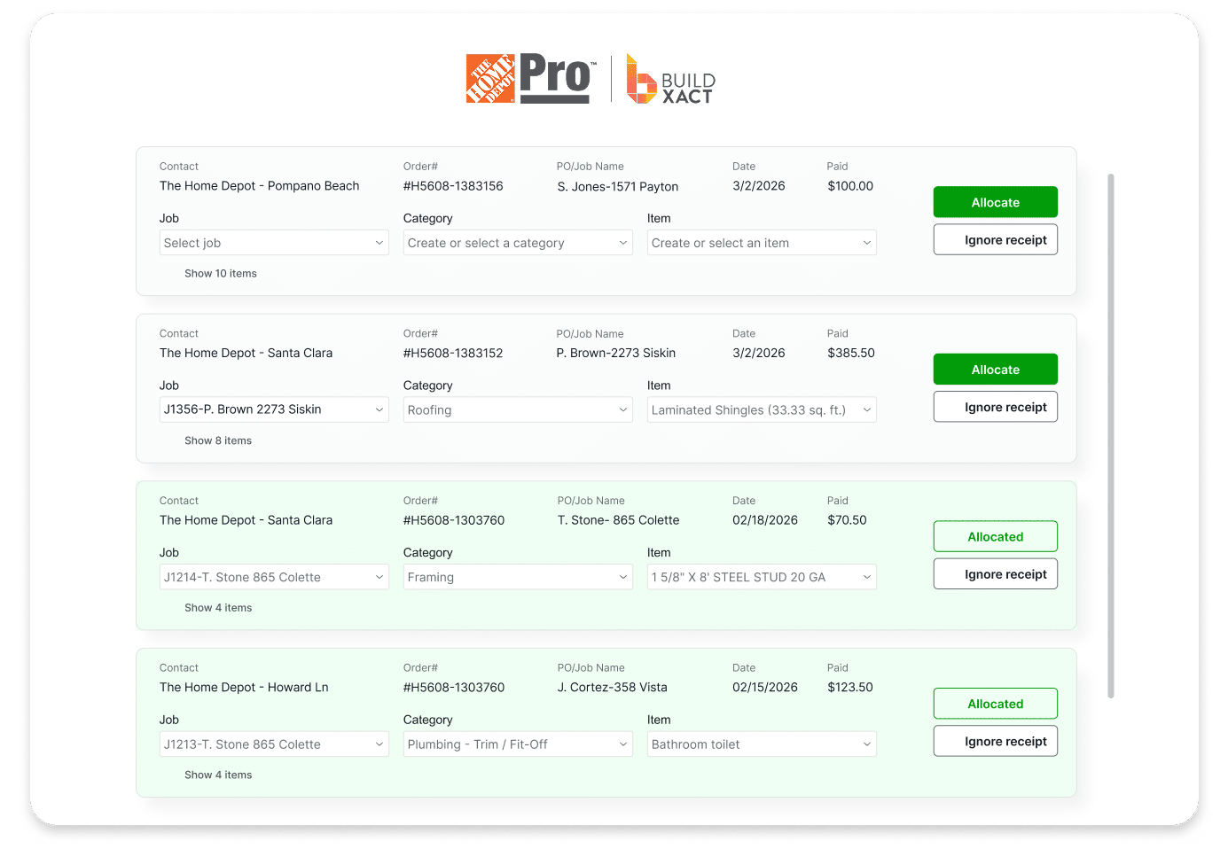 A Buildxact screenshot showing Home Depot material receipts